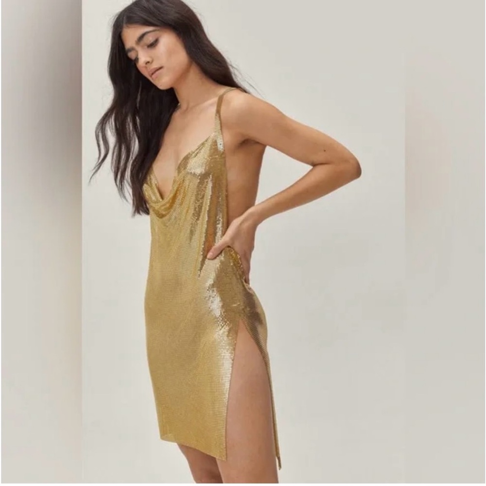 NASTY GAL Chainmail Cowl Neck Relaxed Mini Dress Sz. S GOLD 100% metal NWT